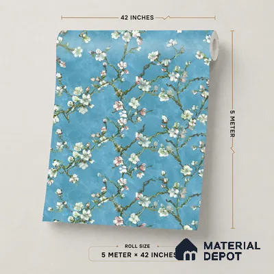 OR05-4 | Teal Blue Almond Blossom PVC Floral Wallpaper - 5 Meter x 42 Inch, 57 Sq. Ft. (Min. 15% Wastage)