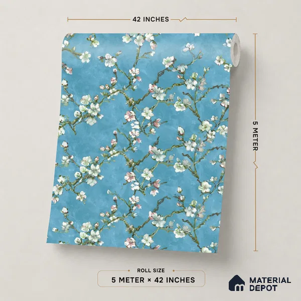 OR05-4 | Teal Blue Almond Blossom PVC Floral Wallpaper - 5 Meter x 42 Inch, 57 Sq. Ft. (Min. 15% Wastage)