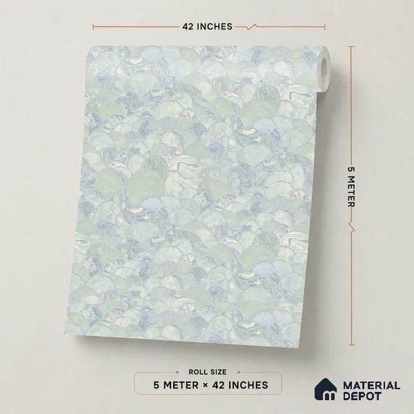 OR06-3 | Sage Green Scallop Fan Mosaic PVC Patterned Wallpaper - 5 Meter x 42 Inch, 57 Sq. Ft. (Min. 15% Wastage)