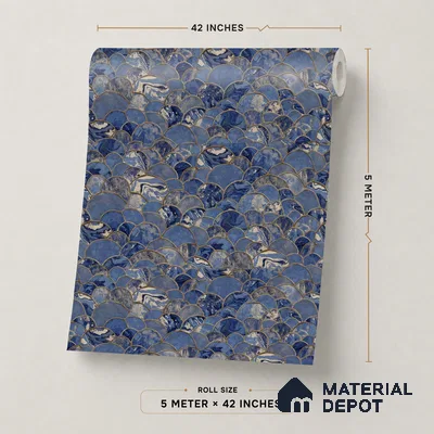 OR06-5 | Navy Blue Scallop Fan Mosaic PVC Patterned Wallpaper - 5 Meter x 42 Inch, 57 Sq. Ft. (Min. 15% Wastage)