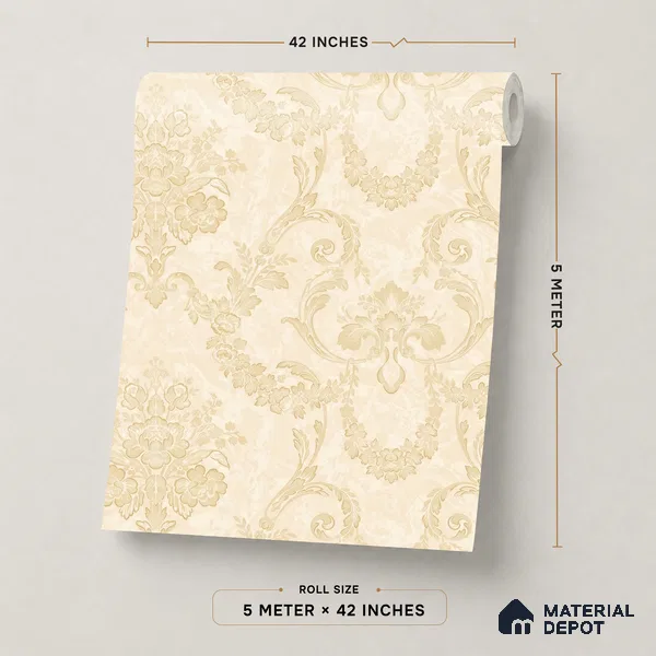 OR08-3 | Cream Gold Soft Scroll Damask PVC Patterned Wallpaper - 5 Meter x 42 Inch, 57 Sq. Ft. (Min. 15% Wastage)