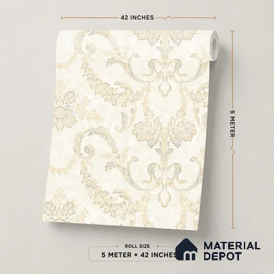 OR09-2 | Off-White Classic Scroll Damask PVC Patterned Wallpaper - 5 Meter x 42 Inch, 57 Sq. Ft. (Min. 15% Wastage)