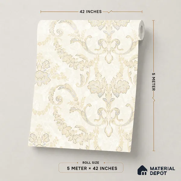 OR09-2 | Off-White Classic Scroll Damask PVC Patterned Wallpaper - 5 Meter x 42 Inch, 57 Sq. Ft. (Min. 15% Wastage)