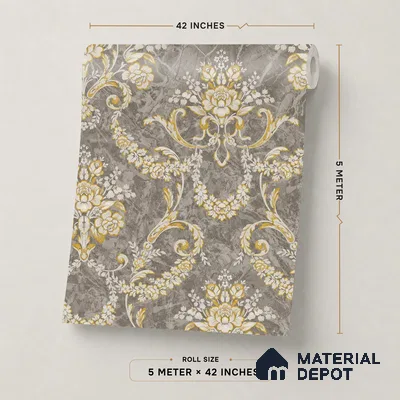 OR09-1 | Brown & Gold Floral Wreath Damask PVC Patterned Wallpaper - 5 Meter x 42 Inch, 57 Sq. Ft. (Min. 15% Wastage)