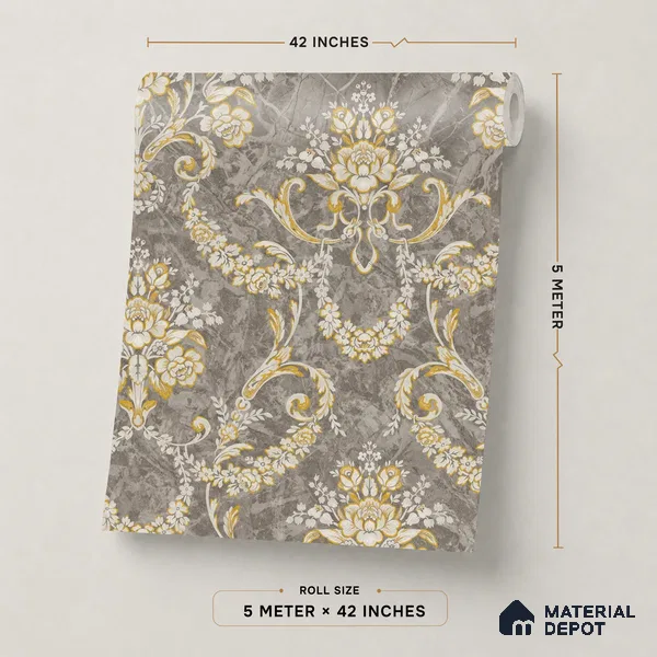 OR09-1 | Brown & Gold Floral Wreath Damask PVC Patterned Wallpaper - 5 Meter x 42 Inch, 57 Sq. Ft. (Min. 15% Wastage)