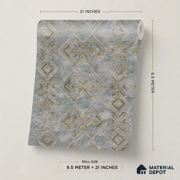 WP1334 | Grey & Gold Diamond Trellis Patterned Wallpaper - 9.5 Meter x 21 Inches, 55 Sq. Ft. (Min. 15% Wastage)