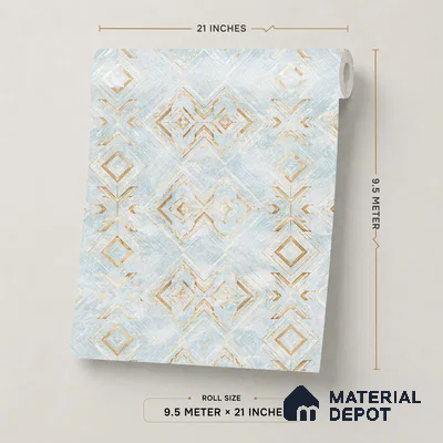 WP1333 | Pale Blue & Gold Diamond Trellis Patterned Wallpaper - 9.5 Meter x 21 Inches, 55 Sq. Ft. (Min. 15% Wastage)