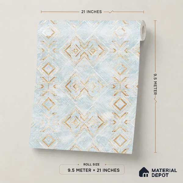 WP1333 | Pale Blue & Gold Diamond Trellis Patterned Wallpaper - 9.5 Meter x 21 Inches, 55 Sq. Ft. (Min. 15% Wastage)