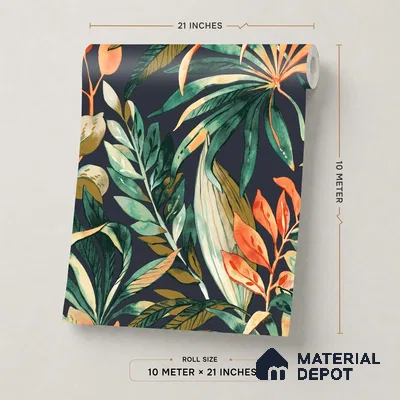 A71202 | Navy Palm Leaves Floral Wallpaper - 10 Meter x 21 Inches, 57.37 Sq. Ft. (Min. 15% Wastage)