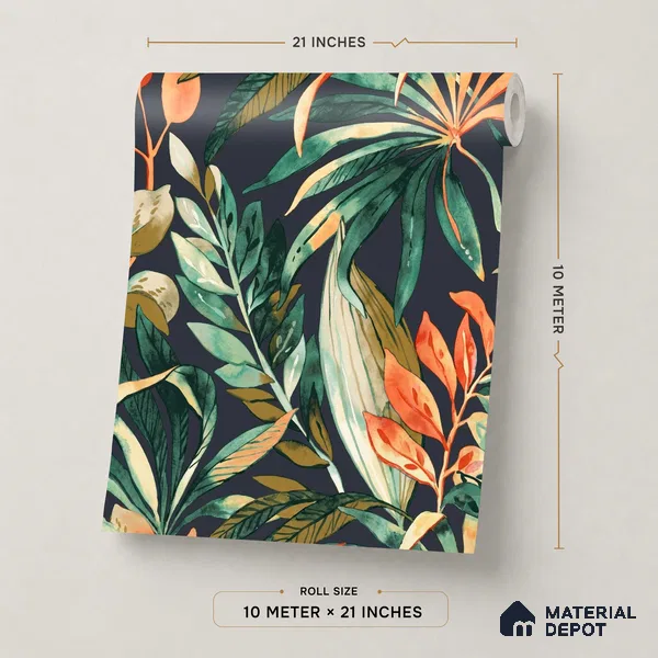 A71202 | Navy Palm Leaves Floral Wallpaper - 10 Meter x 21 Inches, 57.37 Sq. Ft. (Min. 15% Wastage)