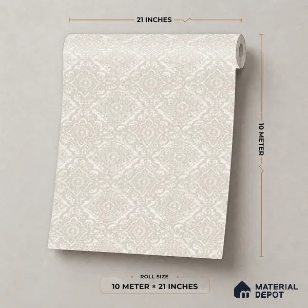 RD24-149 | Pearl Beige Lace Damask Patterned Wallpaper - 10 Meter x 21 Inch, 57 Sq. Ft.