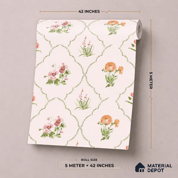 81402-2 | Blush Pink Floral Trellis Patterned Wallpaper - 5 Meter x 42 Inch, 57 Sq. Ft.