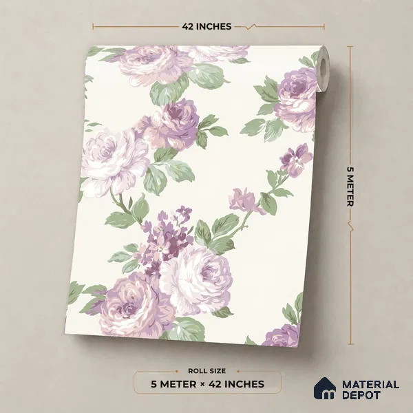 81398-2 | Ivory Lilac Rose Trail Floral Wallpaper - 5 Meter x 42 Inch, 57 Sq. Ft.