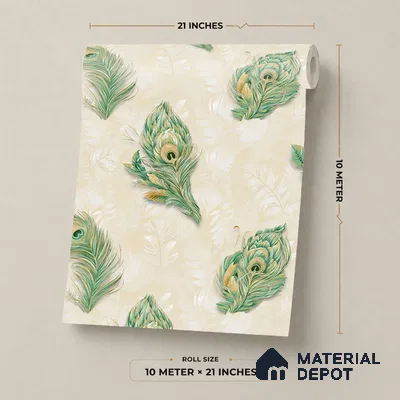 17-555-17 | Cream Peacock Feather Patterned Wallpaper - 10 Meter x 21 Inches, 57.41 Sq. Ft.