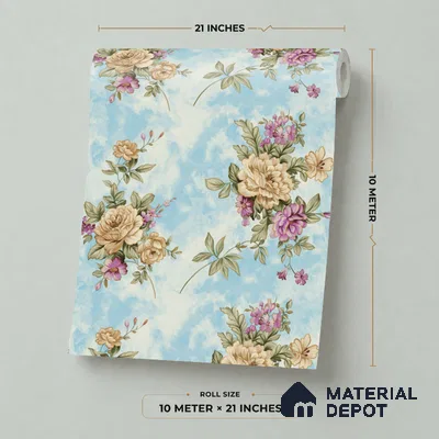 20-555-20 | Blue Cabbage Rose Floral Wallpaper - 10 Meter x 21 Inches, 57.41 Sq. Ft.