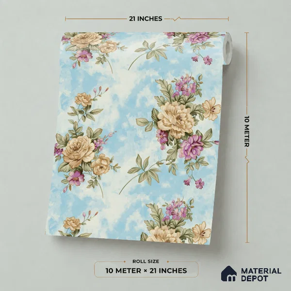 20-555-20 | Blue Cabbage Rose Floral Wallpaper - 10 Meter x 21 Inches, 57.41 Sq. Ft.