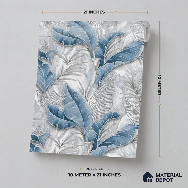 25-555-25 | Denim Blue Banana Leaf Floral Wallpaper - 10 Meter x 21 Inches, 57.41 Sq. Ft.
