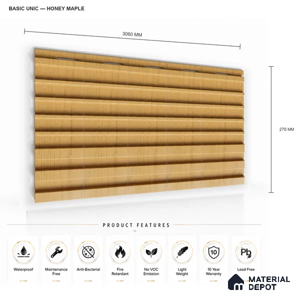 Honey Maple 10 ft x 0.89 ft (3060x270 mm) Unic Design Interior & Exterior Wall & Ceiling Panel - 15 mm | Suitable for Balcony, Facade & Open Area | Width is Subjected to 5% Variation
