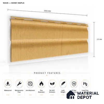 Honey Maple 10 ft x 0.89 ft (3060x270 mm) Wave Design Interior & Exterior Wall & Ceiling Panel - 16 mm | Suitable for Balcony, Facade & Open Area | Width is Subjected to 5% Variation