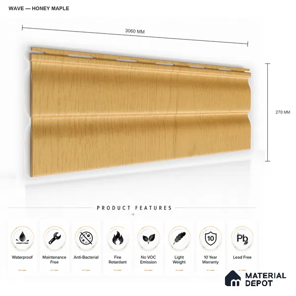 Honey Maple 10 ft x 0.89 ft (3060x270 mm) Wave Design Interior & Exterior Wall & Ceiling Panel - 16 mm | Suitable for Balcony, Facade & Open Area | Width is Subjected to 5% Variation