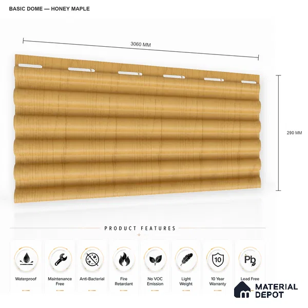 Honey Maple 10 ft x 0.7 ft (3060x215 mm) Dome Design Interior & Exterior Wall & Ceiling Panel - 20 mm | Suitable for Balcony, Facade & Open Area | Width is Subjected to 5% Variation
