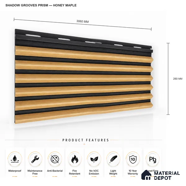 Honey Maple 10 ft x 0.85 ft (3060x260 mm) Prism Dual Tone Design Interior & Exterior Wall & Ceiling Panel - 21 mm | Suitable for Balcony, Facade & Open Area | Width is Subjected to 5% Variation