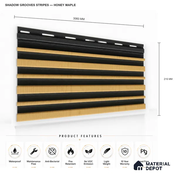 Honey Maple 10 ft x 0.89 ft (3060x270 mm) Stripes Dual Tone Design Interior & Exterior Wall & Ceiling Panel - 20 mm | Suitable for Balcony, Facade & Open Area | Width is Subjected to 5% Variation