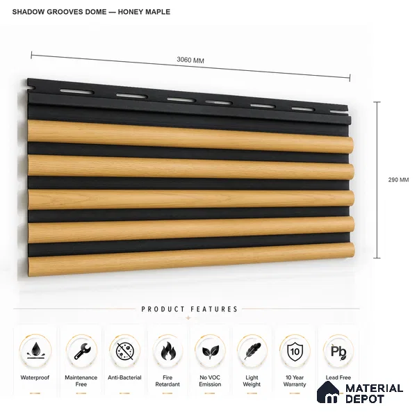 Honey Maple 10 ft x 0.7 ft (3060x215 mm) Dome Dual Black Design Interior & Exterior Wall & Ceiling Panel - 20 mm | Suitable for Balcony, Facade & Open Area | Width is Subjected to 5% Variation