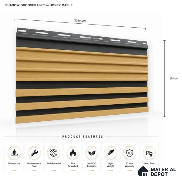 Honey Maple 10 ft x 0.89 ft (3060x270 mm) Unic Dual Tone Design Interior & Exterior Wall & Ceiling Panel - 15 mm | Suitable for Balcony, Facade & Open Area | Width is Subjected to 5% Variation