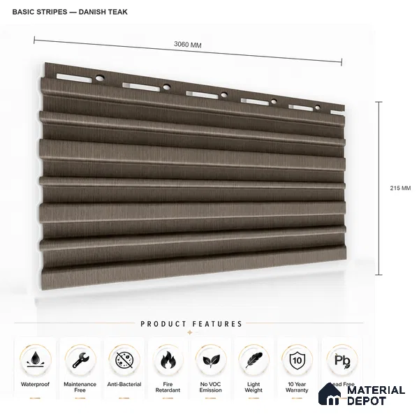 Danish Teak 10 ft x 0.89 ft (3060x270 mm) Stripes Design Interior & Exterior Wall & Ceiling Panel - 20 mm | Suitable for Balcony, Facade & Open Area | Width is Subjected to 5% Variation