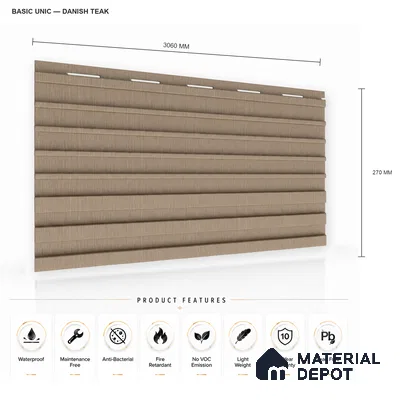 Danish Teak 10 ft x 0.89 ft (3060x270 mm) Unic Design Interior & Exterior Wall & Ceiling Panel - 15 mm | Suitable for Balcony, Facade & Open Area | Width is Subjected to 5% Variation