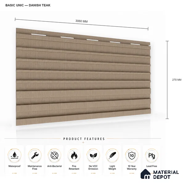 Danish Teak 10 ft x 0.89 ft (3060x270 mm) Unic Design Interior & Exterior Wall & Ceiling Panel - 15 mm | Suitable for Balcony, Facade & Open Area | Width is Subjected to 5% Variation