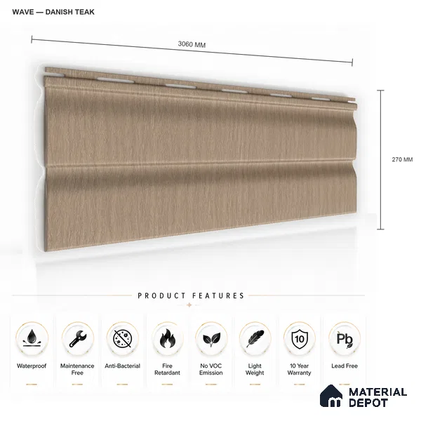 Danish Teak 10 ft x 0.89 ft (3060x270 mm) Wave Design Interior & Exterior Wall & Ceiling Panel - 16 mm | Suitable for Balcony, Facade & Open Area | Width is Subjected to 5% Variation