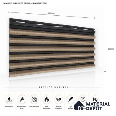 Danish Teak 10 ft x 0.85 ft (3060x260 mm) Prism Dual Tone Design Interior & Exterior Wall & Ceiling Panel - 21 mm | Suitable for Balcony, Facade & Open Area | Width is Subjected to 5% Variation