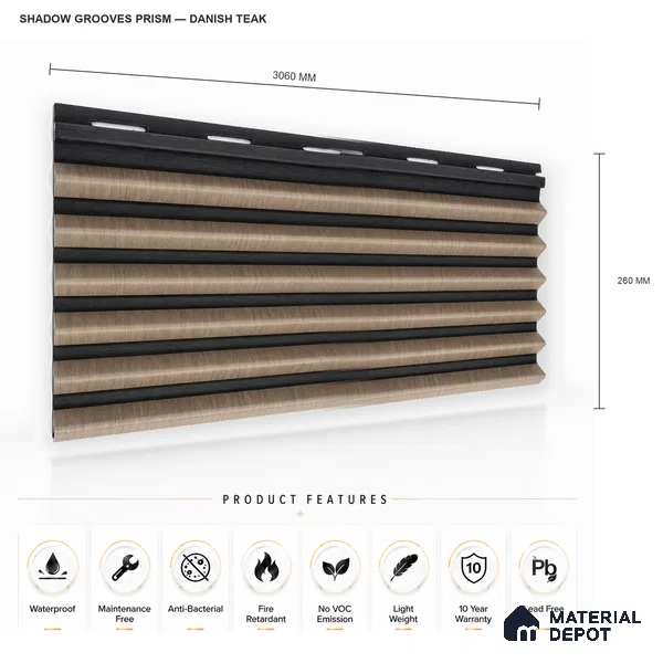 Danish Teak 10 ft x 0.85 ft (3060x260 mm) Prism Dual Tone Design Interior & Exterior Wall & Ceiling Panel - 21 mm | Suitable for Balcony, Facade & Open Area | Width is Subjected to 5% Variation