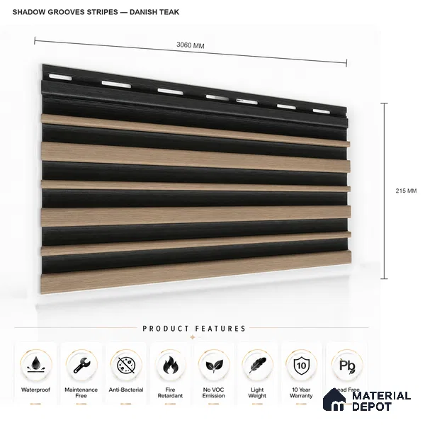 Danish Teak 10 ft x 0.89 ft (3060x270 mm) Stripes Dual Tone Design Interior & Exterior Wall & Ceiling Panel - 20 mm | Suitable for Balcony, Facade & Open Area | Width is Subjected to 5% Variation