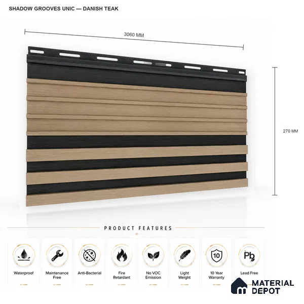 Danish Teak 10 ft x 0.89 ft (3060x270 mm) Unic Dual Tone Design Interior & Exterior Wall & Ceiling Panel - 15 mm | Suitable for Balcony, Facade & Open Area | Width is Subjected to 5% Variation