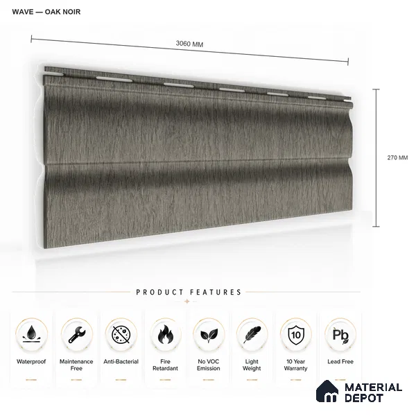 Oak Noir 10 ft x 0.89 ft (3060x270 mm) Wave Design Interior & Exterior Wall & Ceiling Panel - 16 mm | Suitable for Balcony, Facade & Open Area | Width is Subjected to 5% Variation