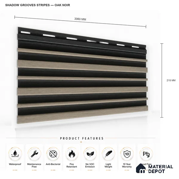 Oak Noir 10 ft x 0.89 ft (3060x270 mm) Stripes Dual Tone Design Interior & Exterior Wall & Ceiling Panel - 20 mm | Suitable for Balcony, Facade & Open Area | Width is Subjected to 5% Variation