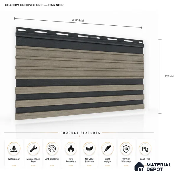 Oak Noir 10 ft x 0.89 ft (3060x270 mm) Unic Dual Tone Design Interior & Exterior Wall & Ceiling Panel - 15 mm | Suitable for Balcony, Facade & Open Area | Width is Subjected to 5% Variation
