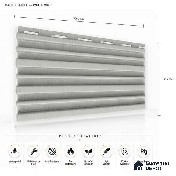 White Mist 10 ft x 0.89 ft (3060x270 mm) Stripes Design Interior & Exterior Wall & Ceiling Panel - 20 mm | Suitable for Balcony, Facade & Open Area | Width is Subjected to 5% Variation
