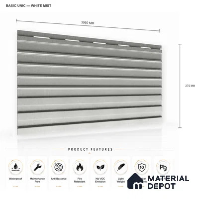 White Mist 10 ft x 0.89 ft (3060x270 mm) Unic Design Interior & Exterior Wall & Ceiling Panel - 15 mm | Suitable for Balcony, Facade & Open Area | Width is Subjected to 5% Variation