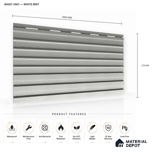 White Mist 10 ft x 0.89 ft (3060x270 mm) Unic Design Interior & Exterior Wall & Ceiling Panel - 15 mm | Suitable for Balcony, Facade & Open Area | Width is Subjected to 5% Variation