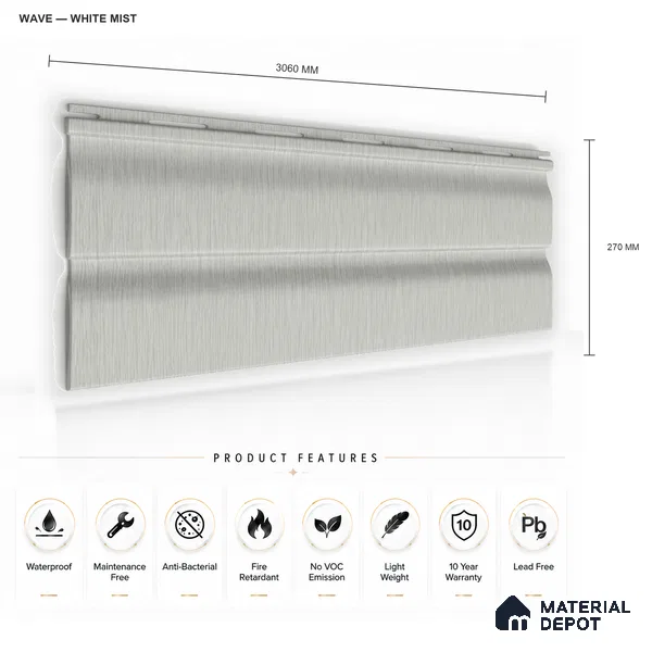 White Mist 10 ft x 0.89 ft (3060x270 mm) Wave Design Interior & Exterior Wall & Ceiling Panel - 16 mm | Suitable for Balcony, Facade & Open Area | Width is Subjected to 5% Variation