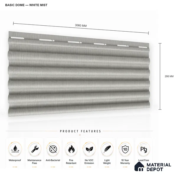 White Mist 10 ft x 0.7 ft (3060x215 mm) Dome Design Interior & Exterior Wall & Ceiling Panel - 20 mm | Suitable for Balcony, Facade & Open Area | Width is Subjected to 5% Variation