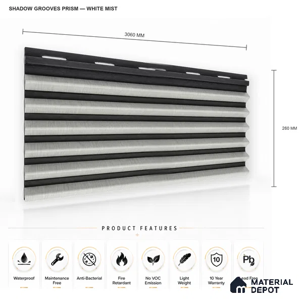 White Mist 10 ft x 0.85 ft (3060x260 mm) Prism Dual Tone Design Interior & Exterior Wall & Ceiling Panel - 21 mm | Suitable for Balcony, Facade & Open Area | Width is Subjected to 5% Variation