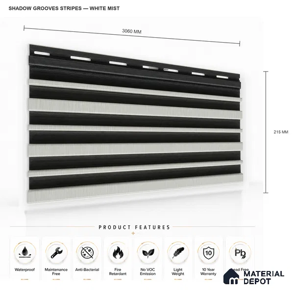 White Mist 10 ft x 0.89 ft (3060x270 mm) Stripes Dual Tone Design Interior & Exterior Wall & Ceiling Panel - 20 mm | Suitable for Balcony, Facade & Open Area | Width is Subjected to 5% Variation
