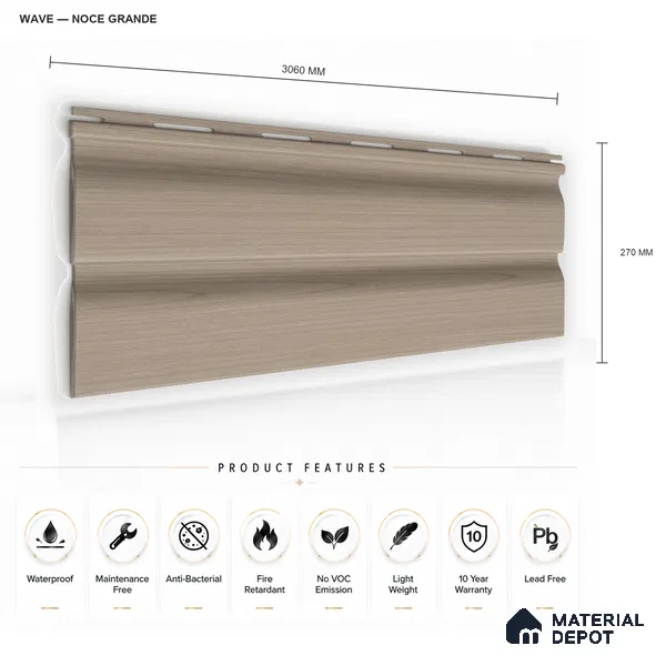 Noce Grande 10 ft x 0.89 ft (3060x270 mm) Wave Design Interior & Exterior Wall & Ceiling Panel - 16 mm | Suitable for Balcony, Facade & Open Area | Width is Subjected to 5% Variation