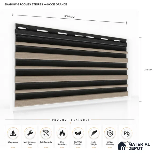 Noce Grande 10 ft x 0.89 ft (3060x270 mm) Stripes Dual Tone Design Interior & Exterior Wall & Ceiling Panel - 20 mm | Suitable for Balcony, Facade & Open Area | Width is Subjected to 5% Variation