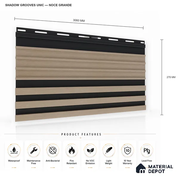 Noce Grande 10 ft x 0.89 ft (3060x270 mm) Unic Dual Tone Design Interior & Exterior Wall & Ceiling Panel - 15 mm | Suitable for Balcony, Facade & Open Area | Width is Subjected to 5% Variation